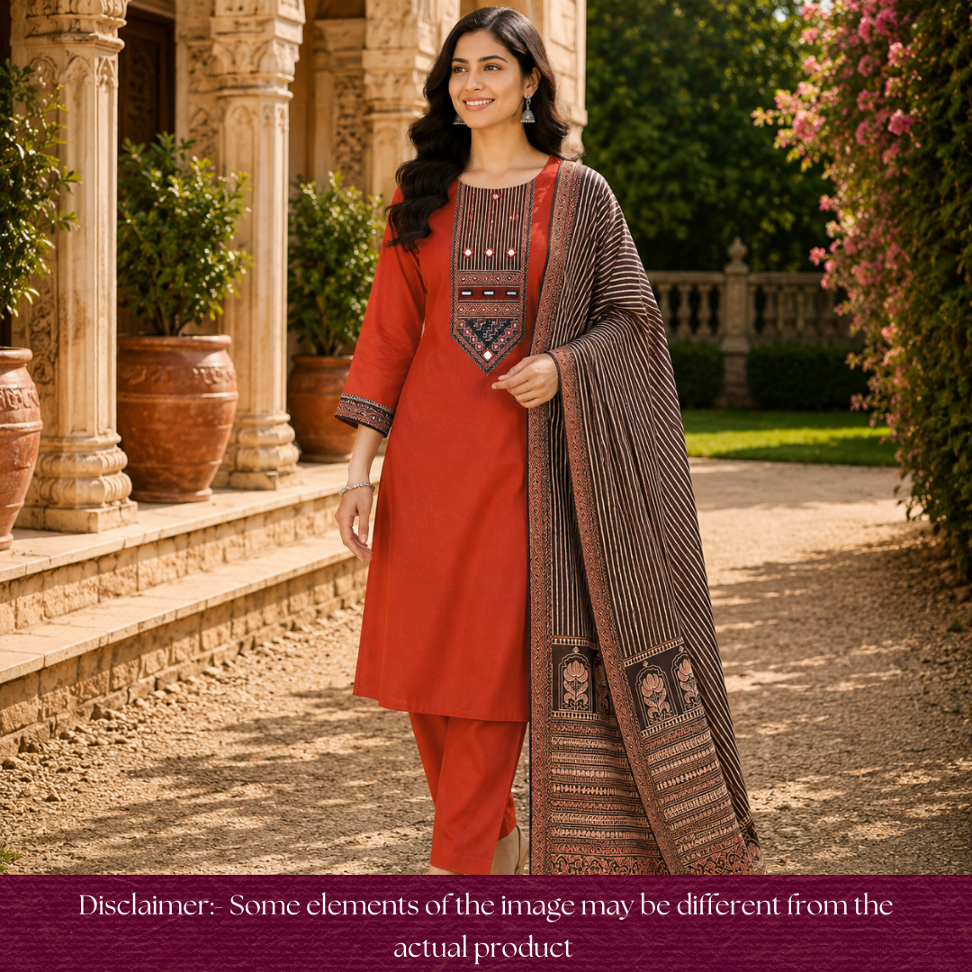 Roopsidhi Apple Red Mirror With Printed Yoke Cotton Set