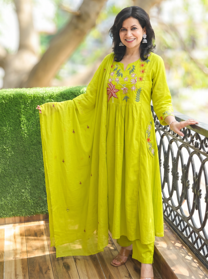 Shiwangi Neon Green Blue Embroidered Mul Cotton 3 Piece Set