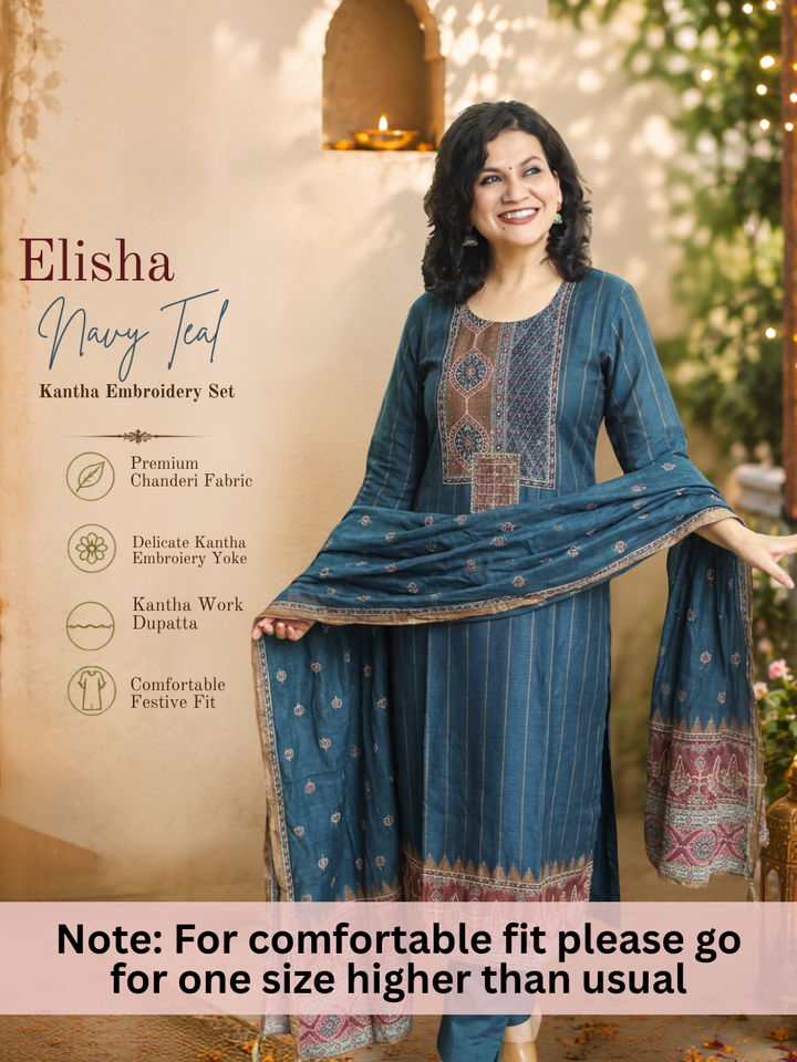 Elisha Navy Blue Kantha Embroidered Chanderi 3 Piece Set
