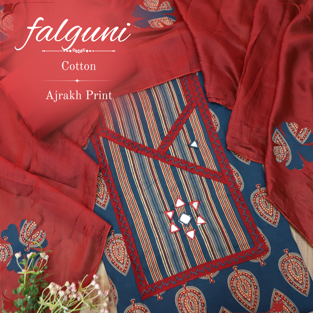 Falguni Denim Blue Angrakha Neck with Mirror Work Ajrakh Cotton Set