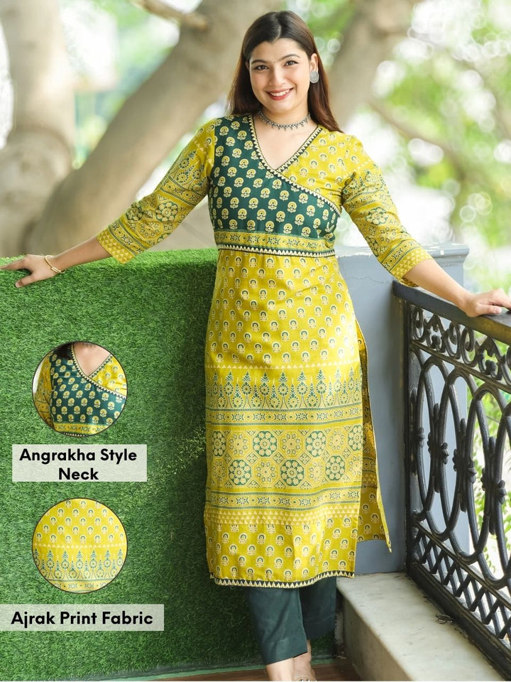 Shaniya Lemon Yellow Angrakha Style Neck in Ajrak Printed Cotton Kurti-D2