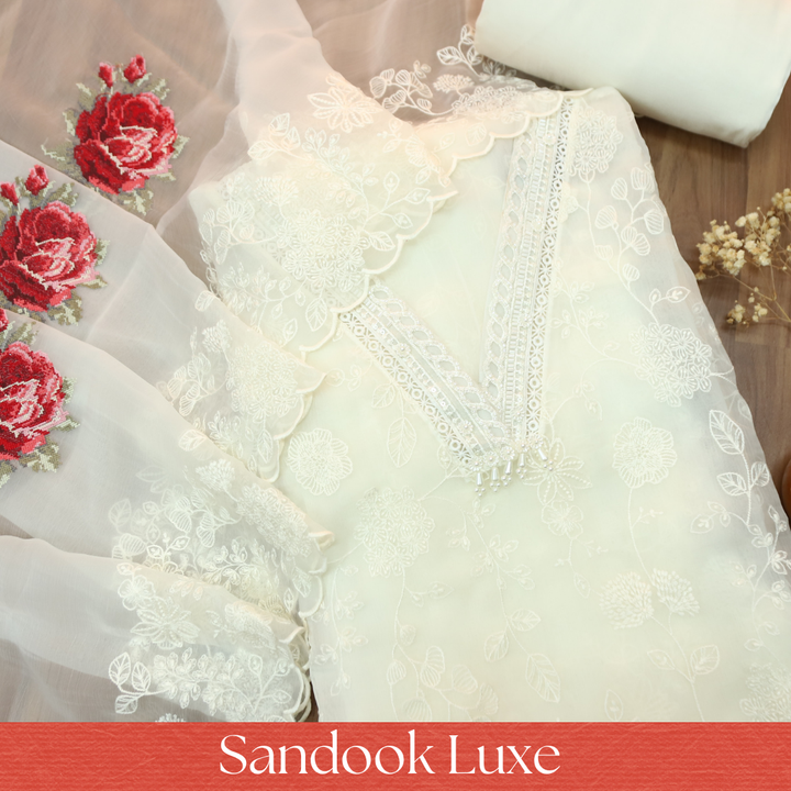 Julia Pearl White Thread Embroidered with Kardana Chinon Set