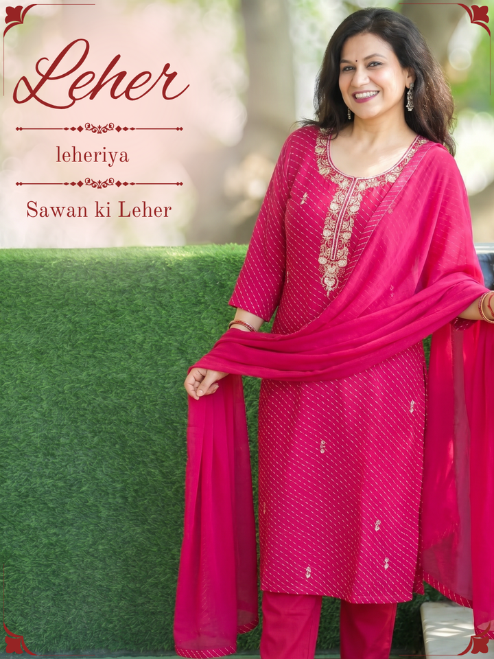 Leher Rani Pink Embellished Leheriya Georgette 3 Piece Set