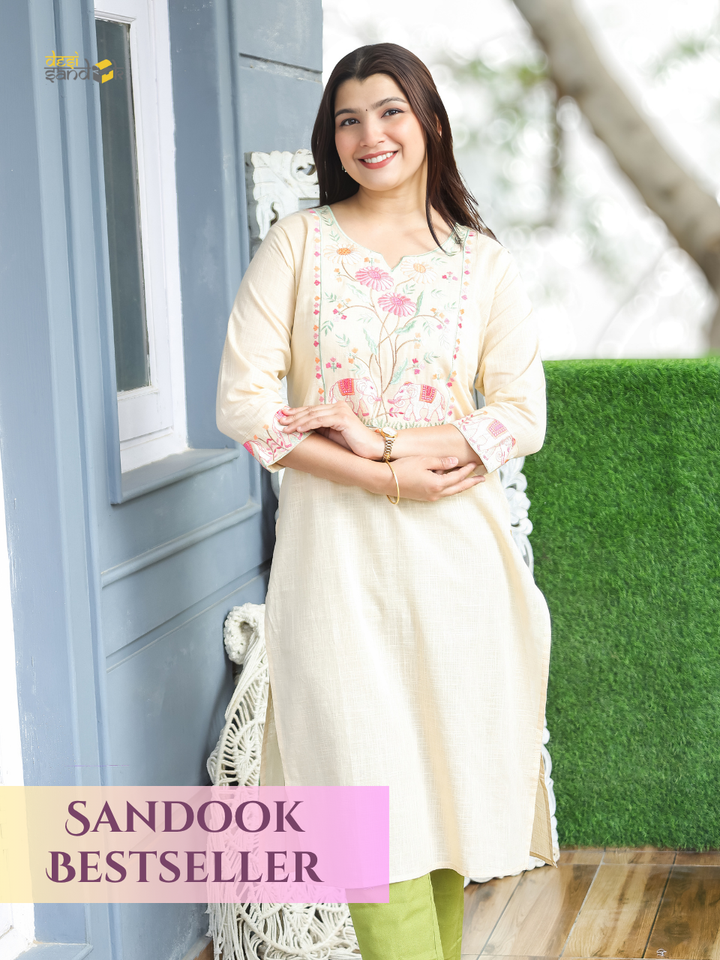 Kashish Beige Thread Embroidered Cotton Kurti