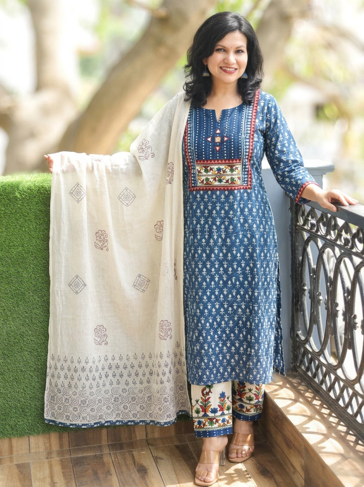 Rupali Indigo Blue Dabu Printed 3 Piece Set D2