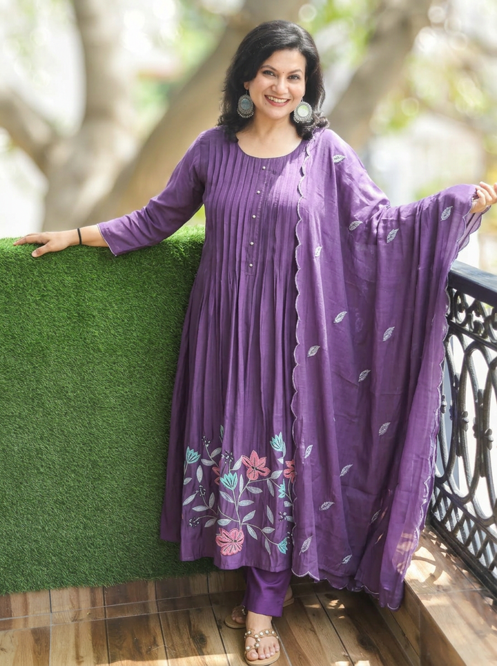 Surbhi Jamun Purple Embroidered Mul Chanderi 3 Piece Set
