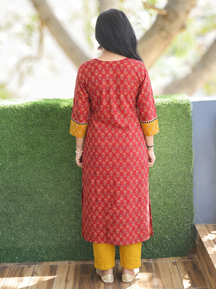 Radhika Apple Red Mirror Yoke Ajrakh Printed Cotton Kurti