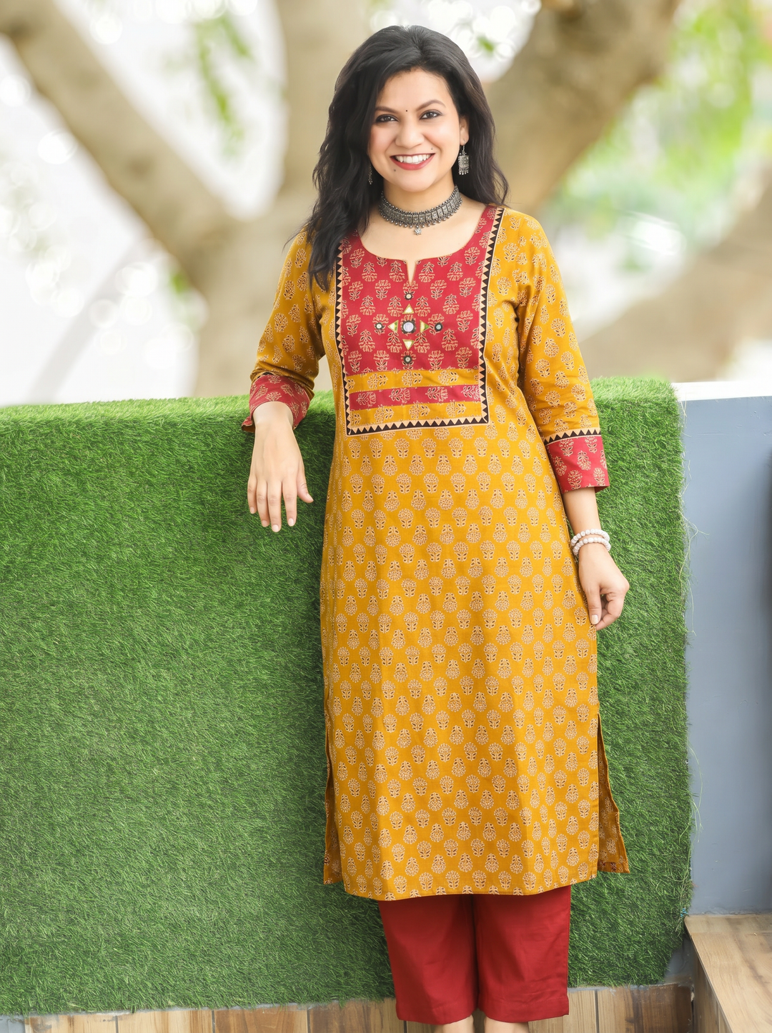 Radhika Mustard Mirror Yoke Ajrakh Printed Cotton Kurti