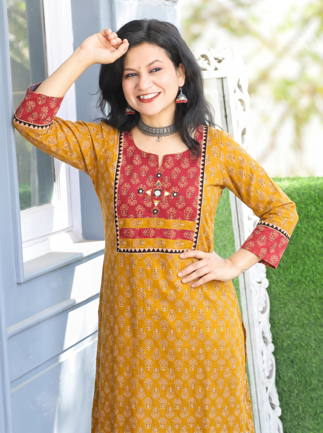 Radhika Mustard Mirror Yoke Ajrakh Printed Cotton Kurti