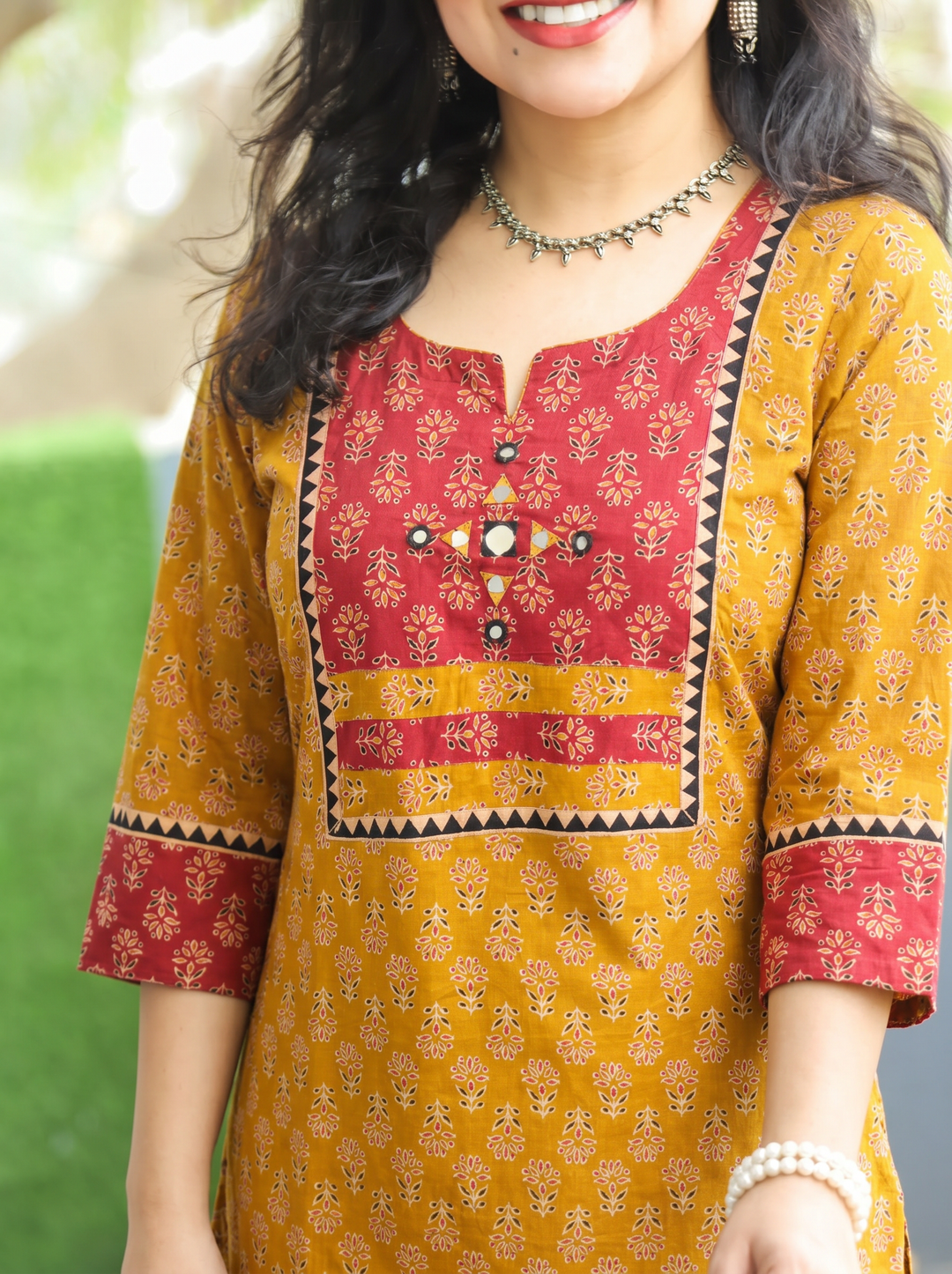 Radhika Mustard Mirror Yoke Ajrakh Printed Cotton Kurti