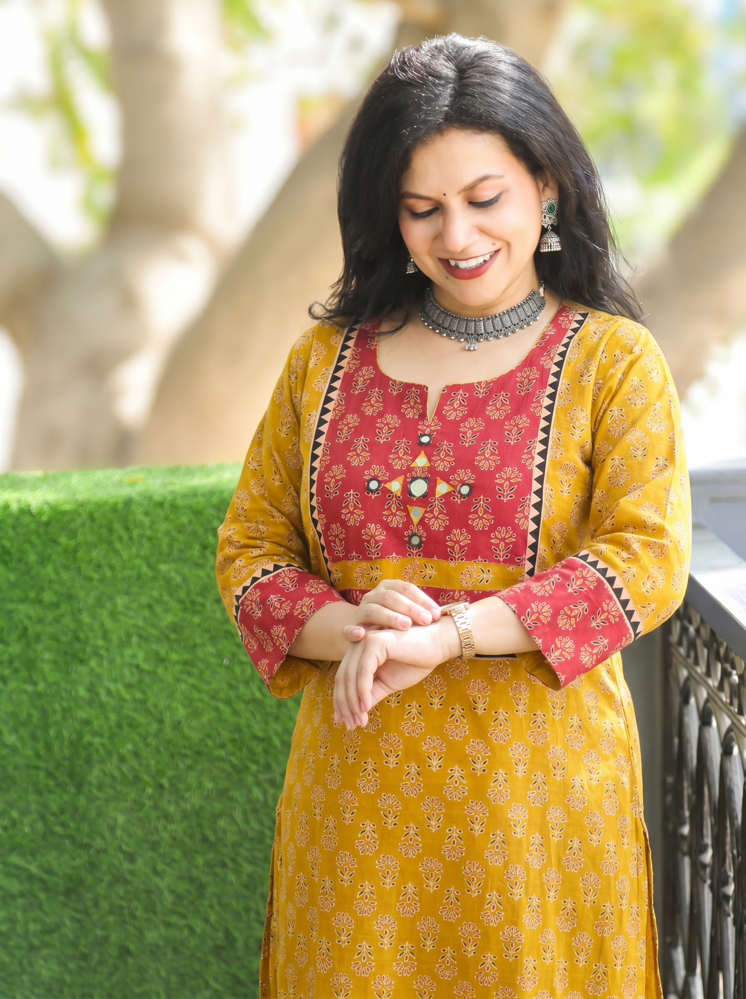 Radhika Mustard Mirror Yoke Ajrakh Printed Cotton Kurti