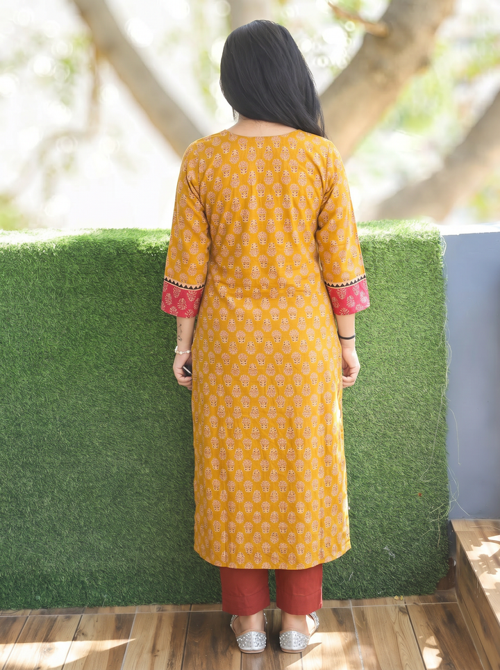 Radhika Mustard Mirror Yoke Ajrakh Printed Cotton Kurti