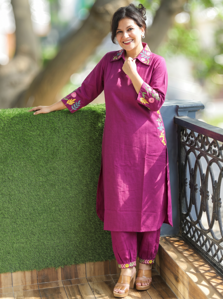 Ashmita Violet Purple Collar Neck Cotton 2 Piece Set