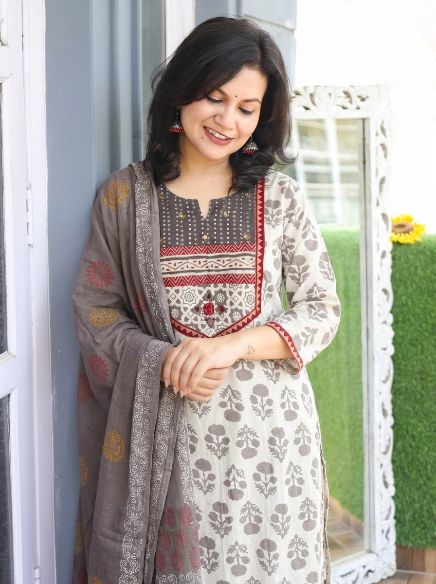 Muskaan Beige Latte Dabu Printed 3 Piece Set
