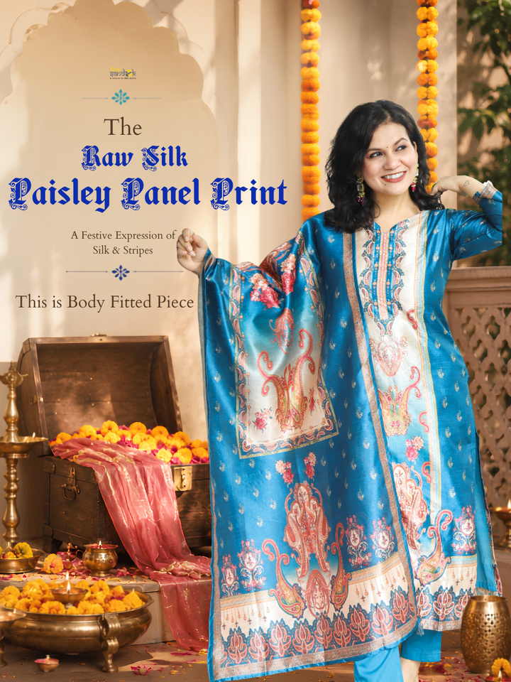 Geet Royal Blue Paisley Panel Printed Raw Silk 3 Piece Set