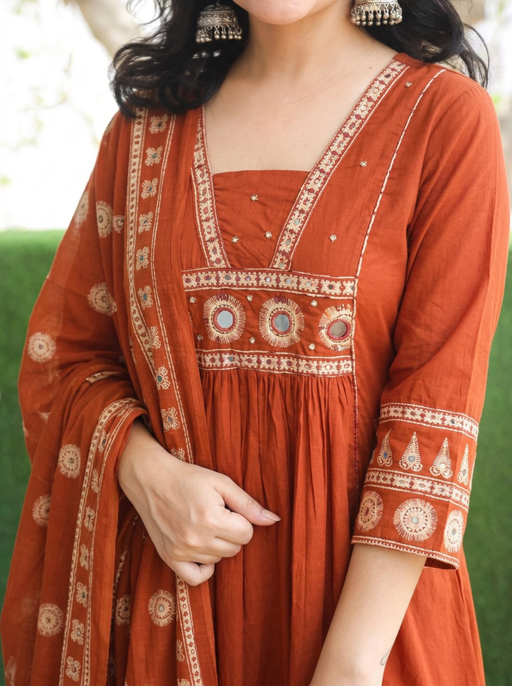 Sharvari Rust Orange Gathered Flaired Cotton 3 PIece Set