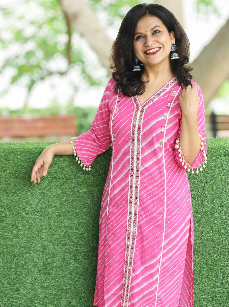 Leher Flamingo Pink Embroidered Lace Panel Leheriya Cotton Kurti