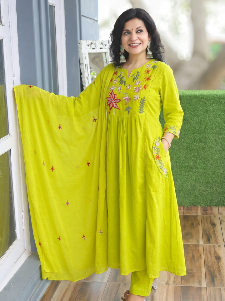 Shiwangi Neon Green Blue Embroidered Mul Cotton 3 Piece Set