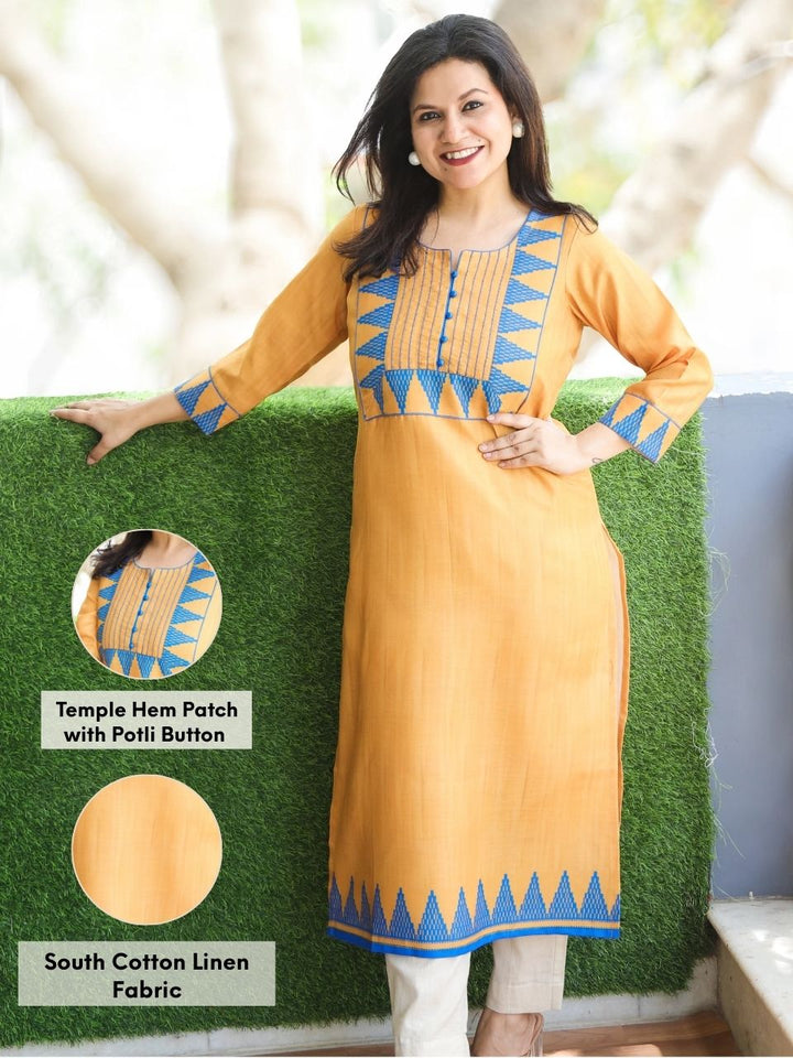 Masumi Sand Yellow with Temple Hem Print Patch with Potli Button South Cotton Linen Kurti