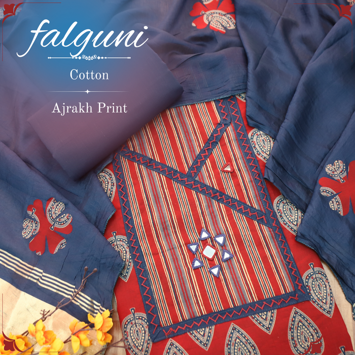 Falguni Berry Red Angrakha Neck with Mirror Work Ajrakh Cotton Set