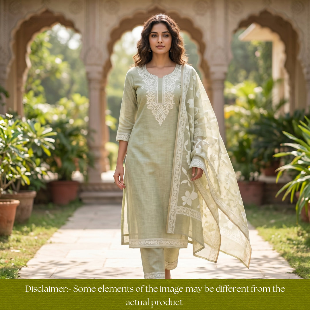 Rubina Mint Green Authentic Jamdani Weaved Neck Chanderi Set