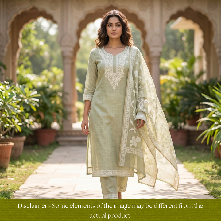 Rubina Mint Green Authentic Jamdani Weaved Neck Chanderi Set