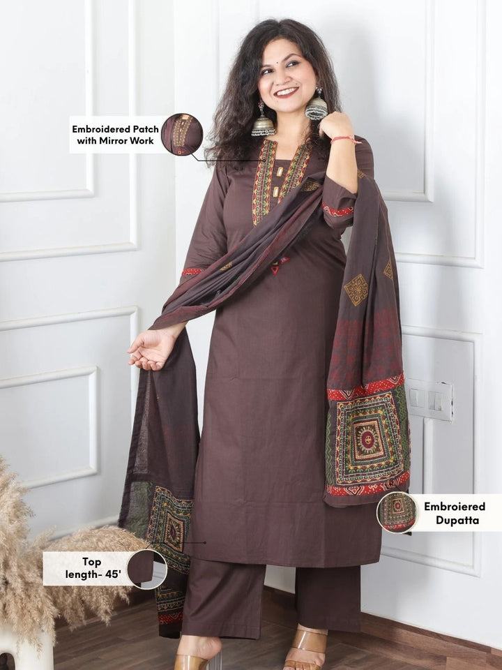 Satvi Taupe Tan Embroidered Patch with Mirror Work Cotton 3 Piece Set
