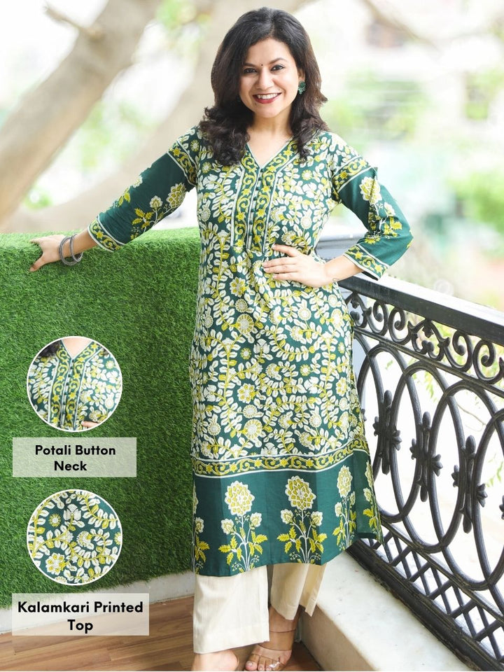 Pankhudi Pine Green Potli Button Neck Work Kalamkari Floral Printed Cotton Kurti