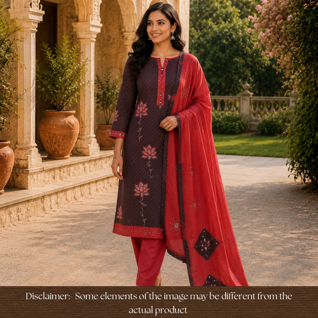 Saloni Ebony Black Ajrak Floral Print with Thread Hem Cotton Set