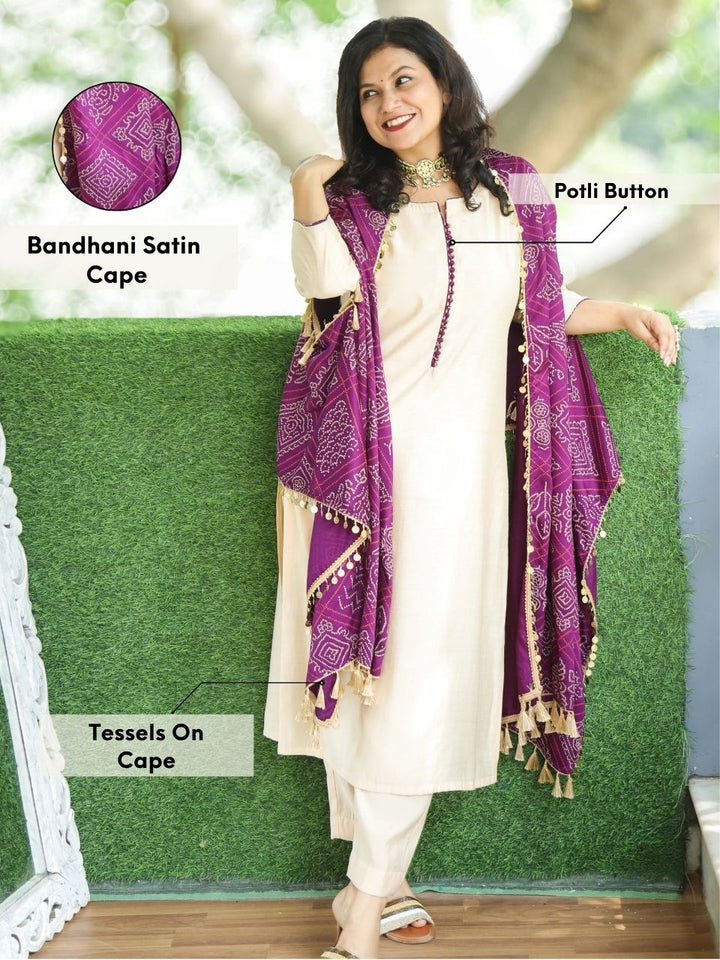 Gharana Cream Roman Silk Suit Set with Bandhani Print Purple Cape