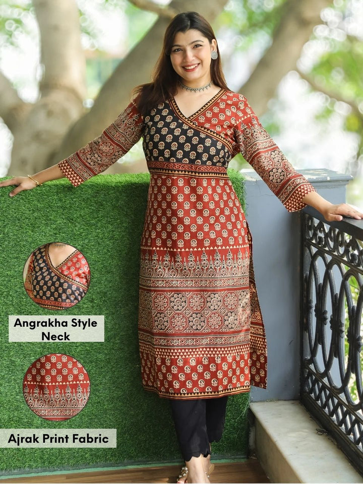 Shaniya Maroon Red Angrakha Style Neck in Ajrak Printed Cotton Kurti-D2