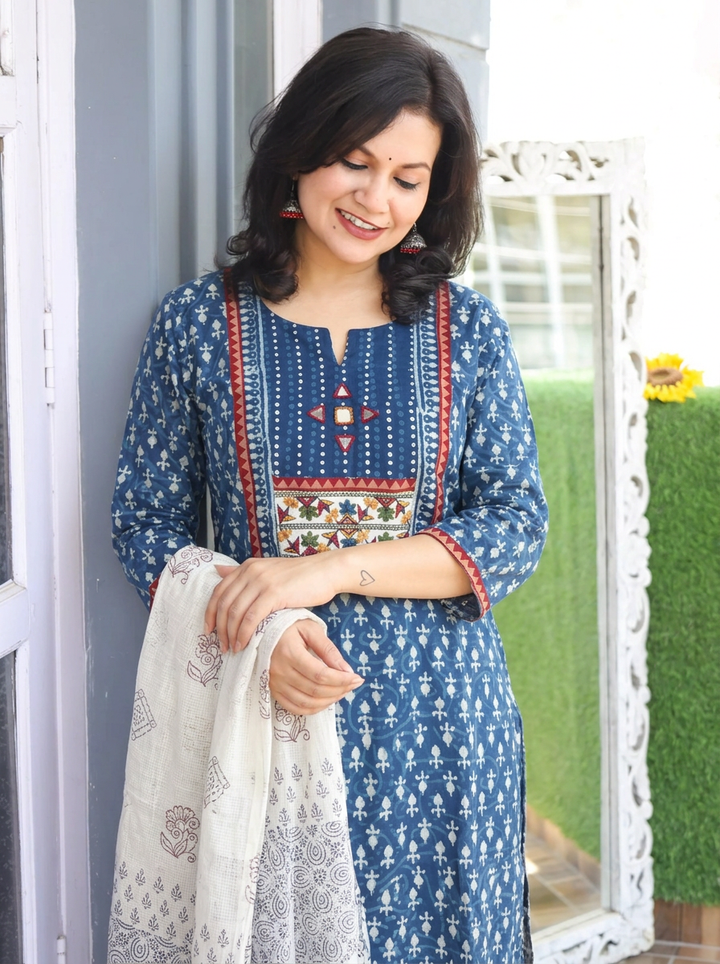 Rupali Indigo Blue Dabu Printed 3 Piece Set D2