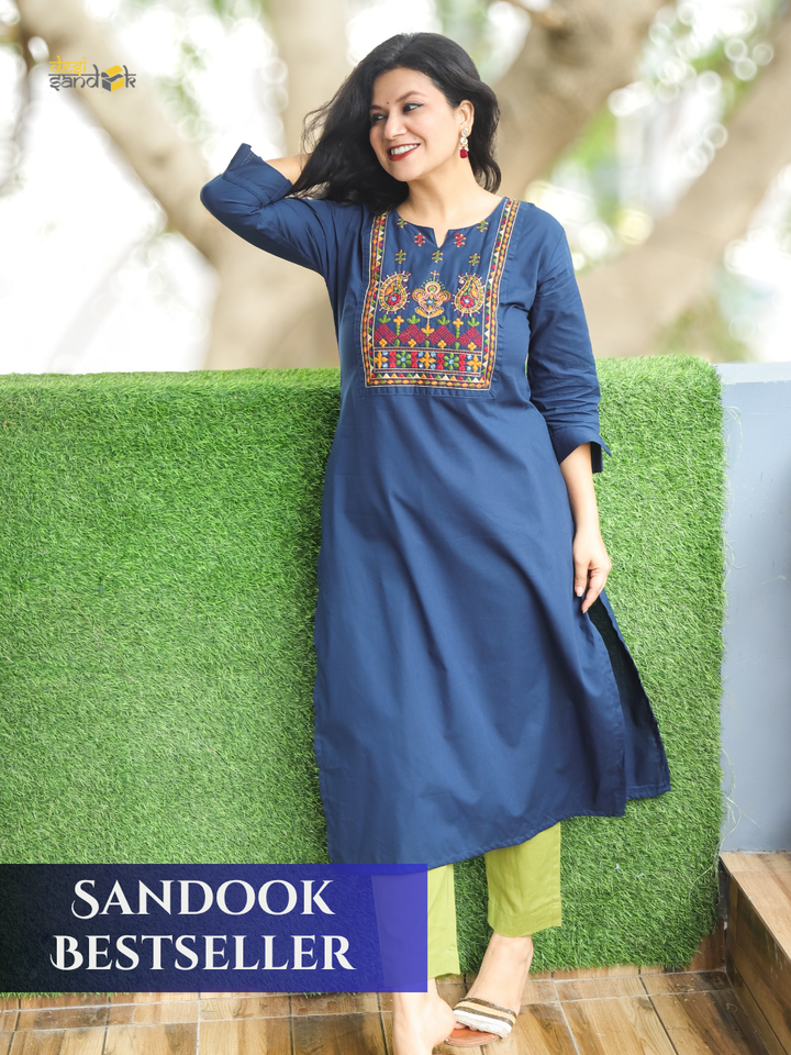 Hayat Navy Blue Emroidered Work Cotton Kurti