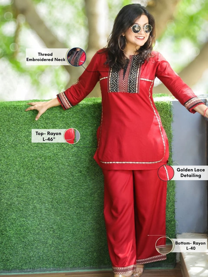 Kiara Maroon Red Thread Embroidered Neck Work Rayon 2 Piece Set