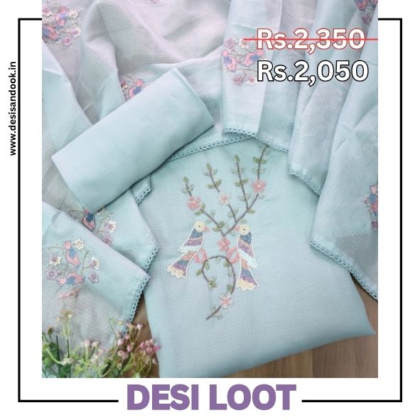 Swaroop Powder Blue Moti Work On Neck in Bird Style Kota Doriya Suit Set