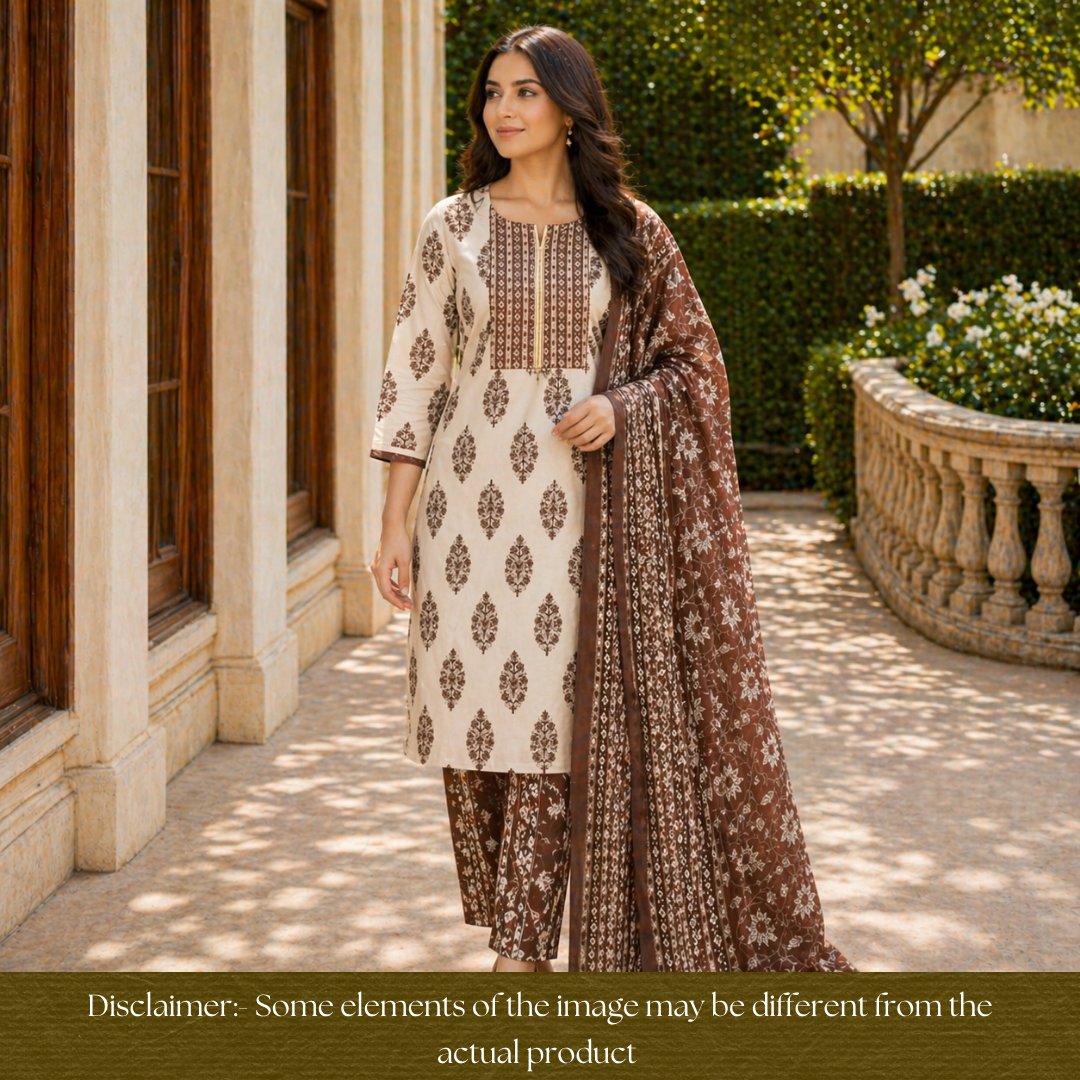 Palak Tan Beige Zari Work Embroidered Yoke Floral Print Cotton Set