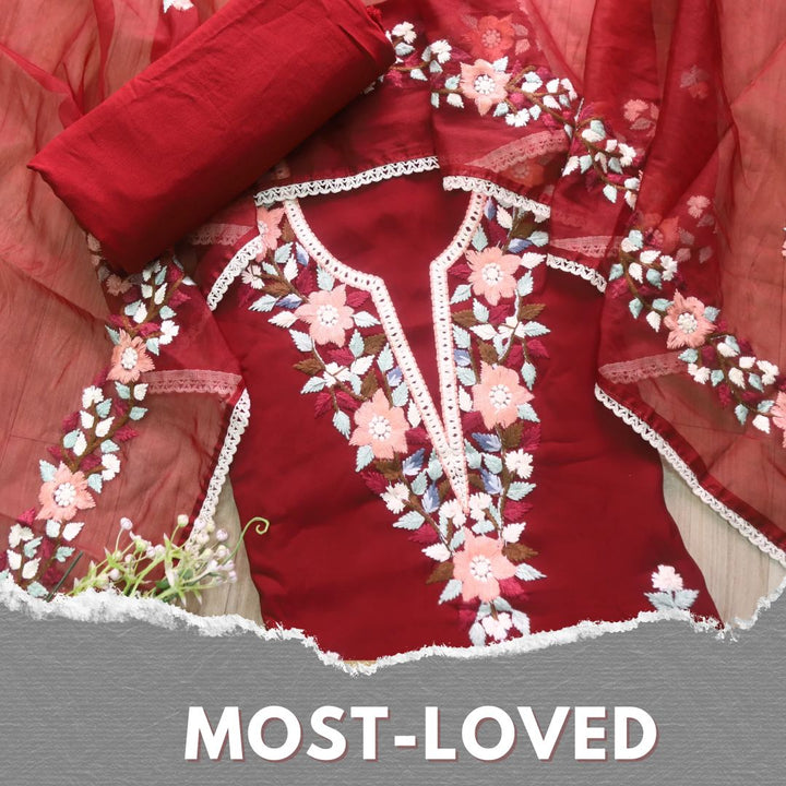 Riwayaat Cherry Red Chikankari inspired Neck Work Modal Suit Set