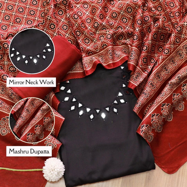 Ishaani Ebony Black Mirror Neck Work Modal Suit Set with Mashru Dupatta