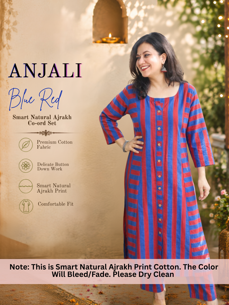 Anjali Blue Red Natural Ajrakh Print Button Down Panel 2 Piece Set