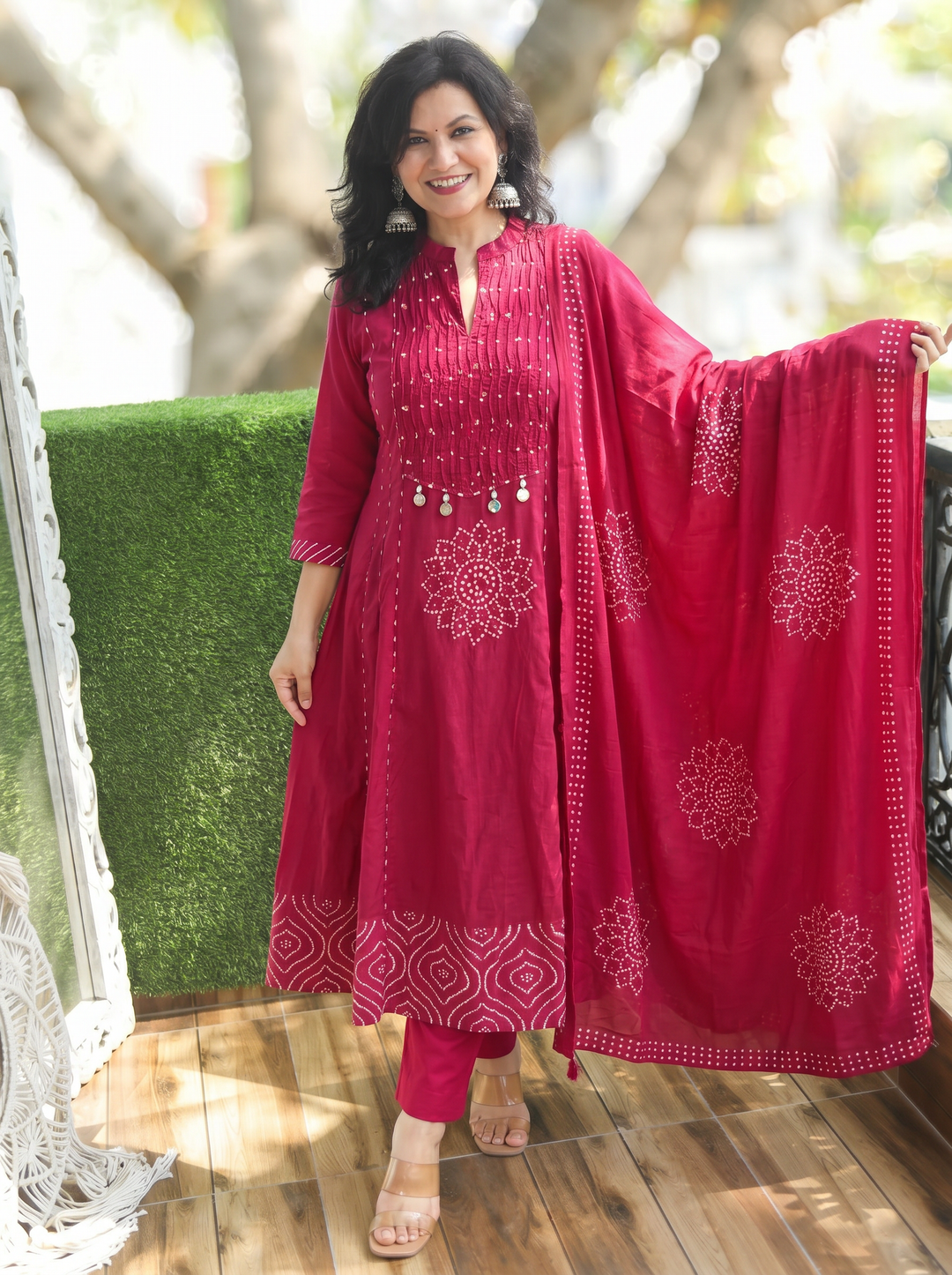 Tanishka Maroon Wine Pintuck Bandani Cotton 3 Piece Set