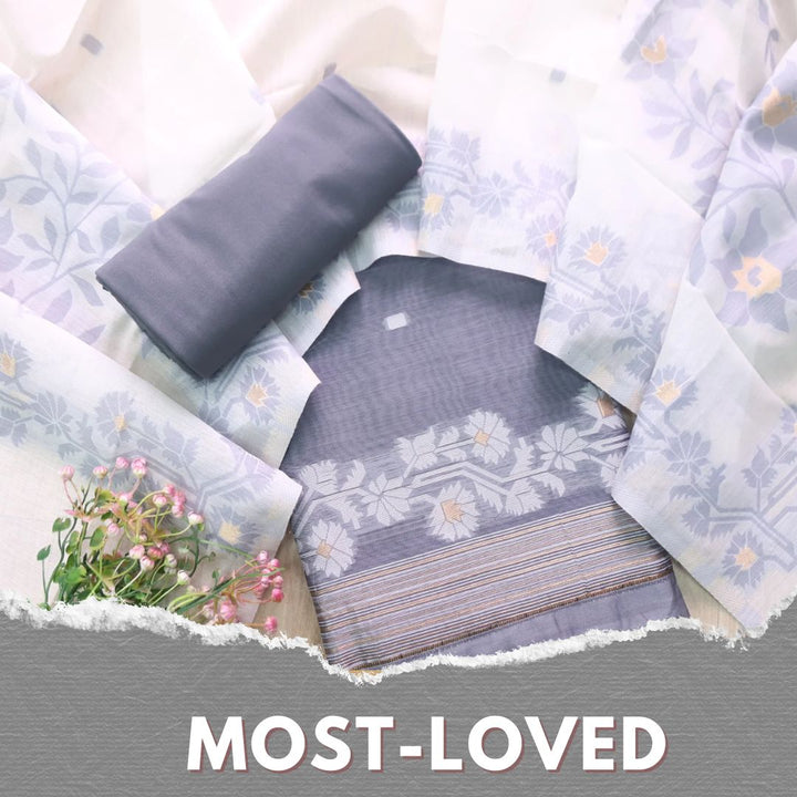 Jannat Fossil Grey Floral Authentic Jamdani Top and Dupatta Suit Set