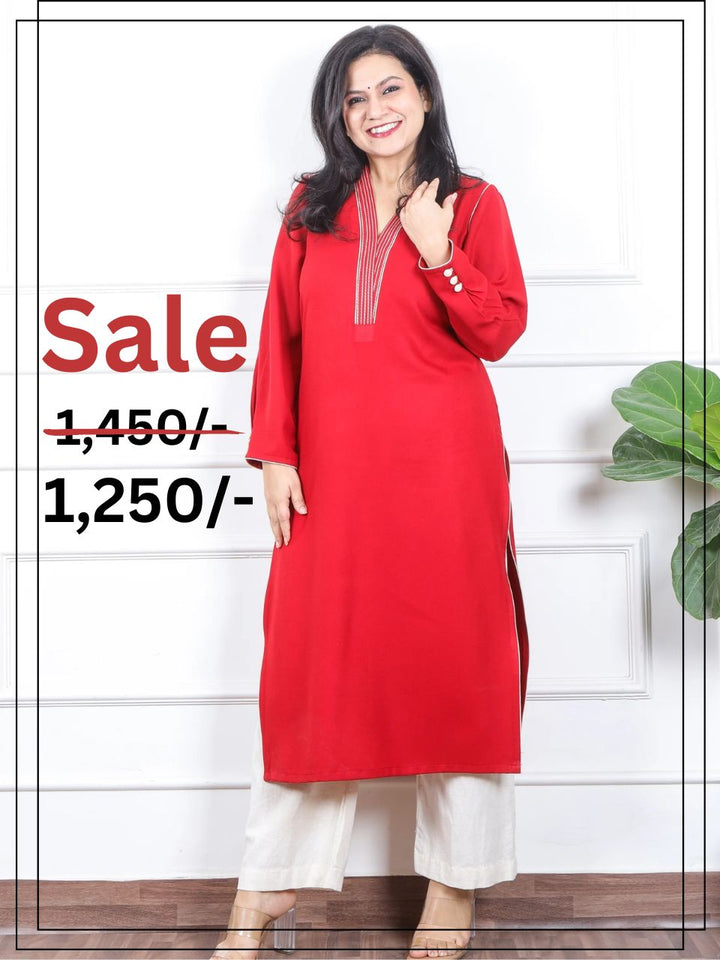 छाया Vermillion Red Running Thread Neck Work Semi Pashmina Winter Kurti