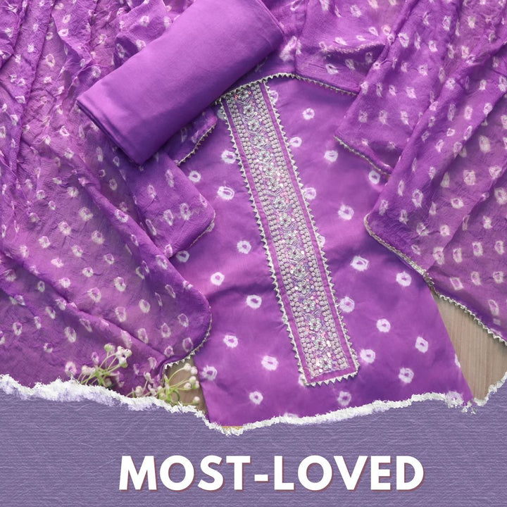Leher Orchid Purple Embellished Neck in Bandhej Work Cotton Suit Set