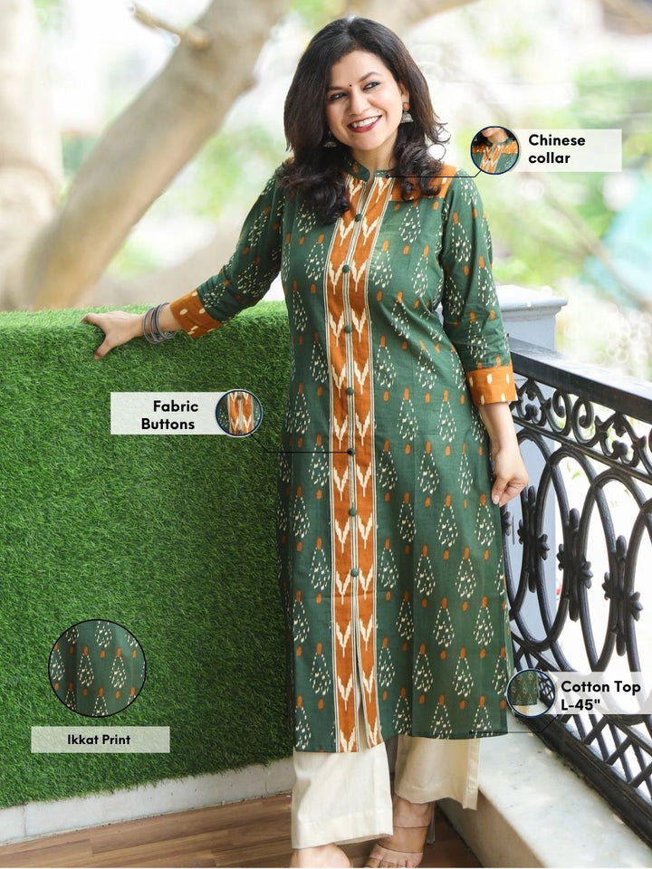 Chandruffi Jungle Green Potli Button Neck Work Ikkat Printed Cotton Kurti