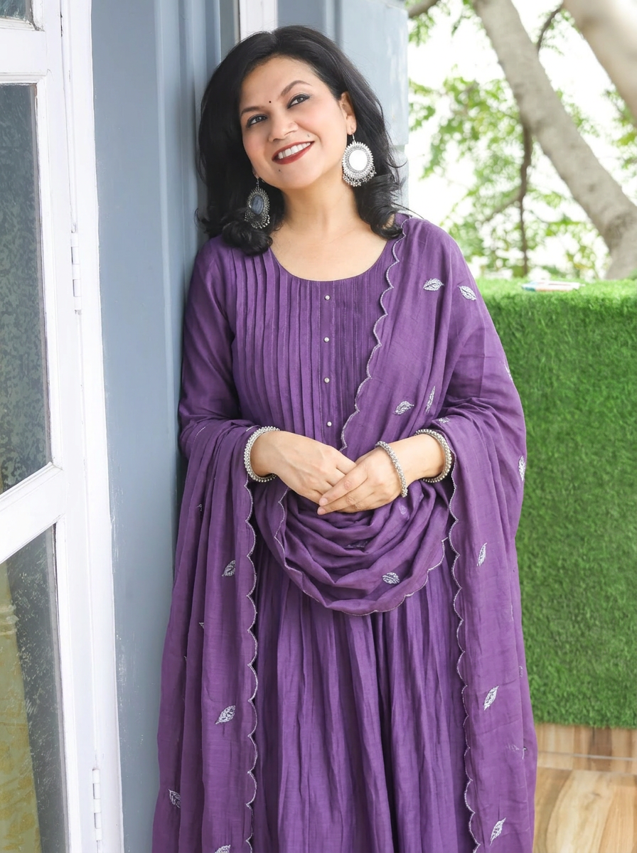 Surbhi Jamun Purple Embroidered Mul Chanderi 3 Piece Set