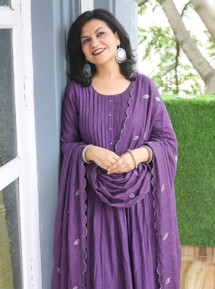 Surbhi Jamun Purple Embroidered Mul Chanderi 3 Piece Set
