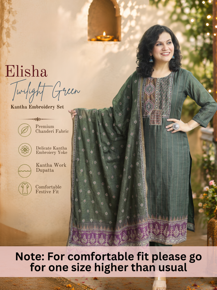 Elisha Twilight Green Kantha Embroidered Chanderi 3 Piece Set