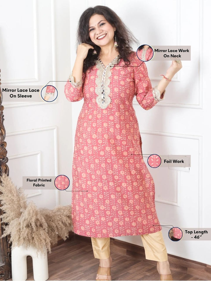 Sohni Soft Peach Blush V Neck with Embellish Mirror Lace and Foil Work Printed Modal Kurti