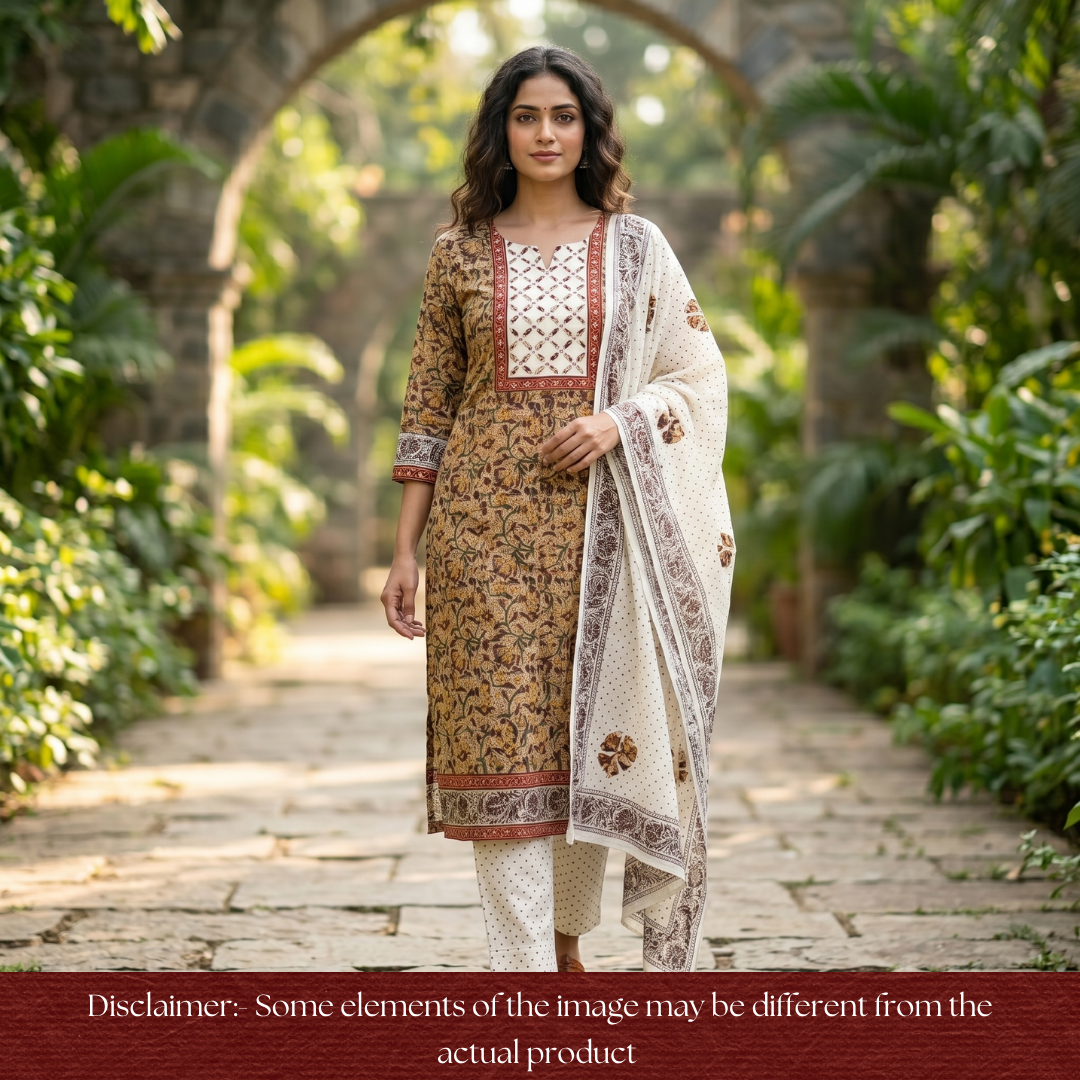 Khushi Maroon Kalamkari Printed Applique Yoke Cotton Set