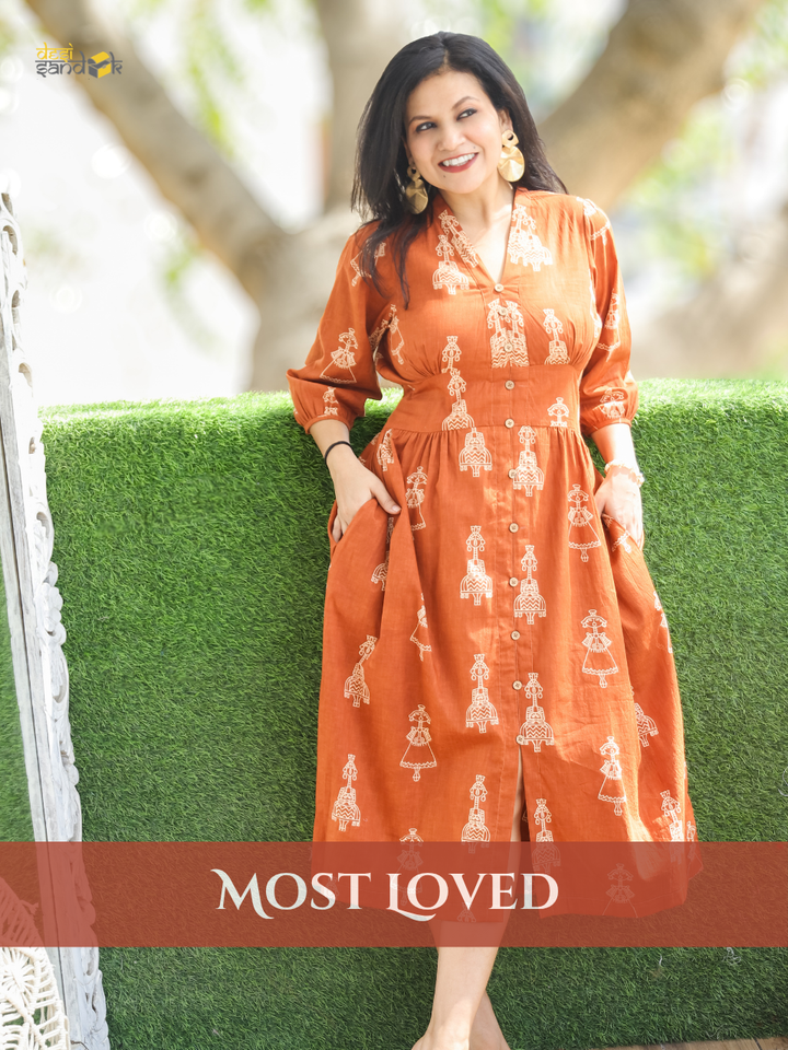 Joe Burnt Rust Doll Print Cotton Dress